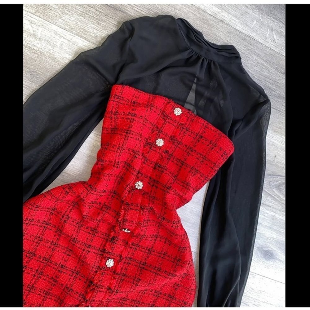 NWT ZARA Bloggers Fav COMBINATION STRUCTURED DRESS Mini Red black tweed Jewel - Picture 16 of 17